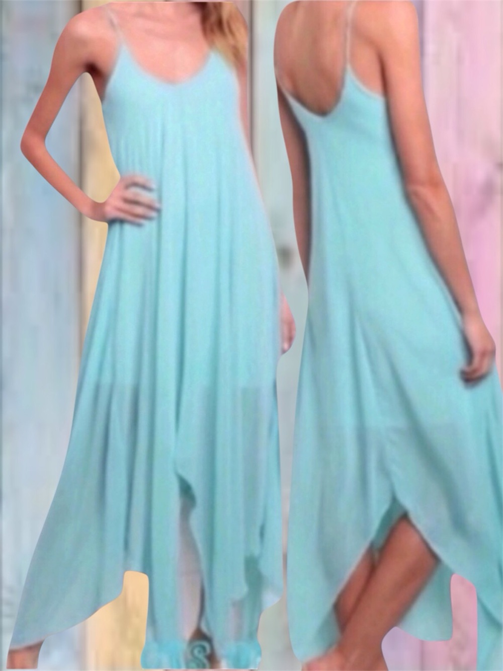 Codigo Aqua Blue Mint Green Handkerchief Hem Lined Dress